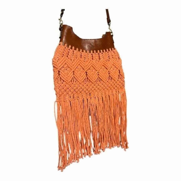 Patricia Nash Coral Macrame Fringe Crossbody bag Boho woven leather specialty - Picture 4 of 12